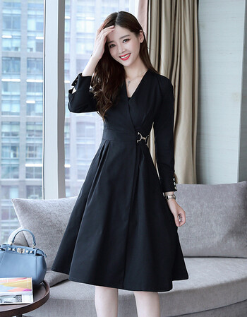 连衣裙v领高腰年秋季长袖中长款时尚百搭韩版甜美气质优雅女 焦糖色 m