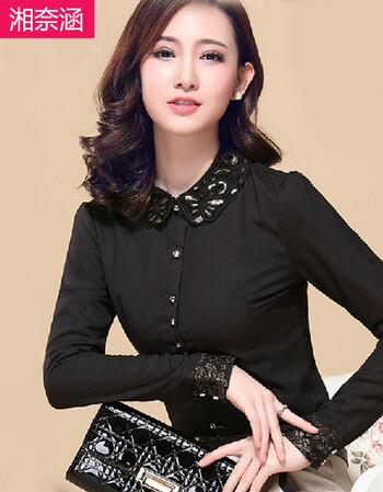 湘奈涵 加绒加厚蕾丝加绒衫衬打底衫女长袖保暖女士蕾丝长袖衬衫女 黑色加绒款 L