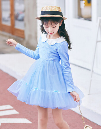 童装2017秋季款女童连衣裙烫钻娃娃领儿童公主裙童裙 浅蓝色 110cm