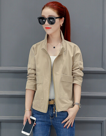 军绿宽松短款外套女春秋季新款韩版开衫立领夹克衫上外 卡其 l