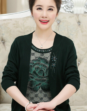 妈妈秋装穿的假两件套长袖衣服大码中年女开衫中老年女装毛衣外套 墨