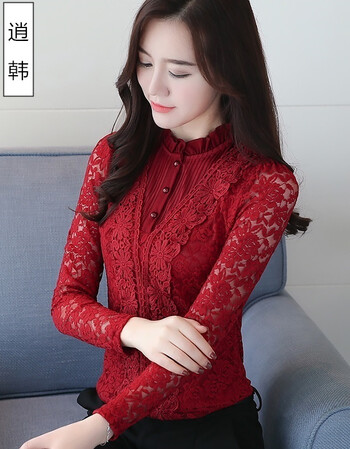 气质女生蕾丝衫秋天镂空性感宽松短款女士长袖上衣雷丝打底衫m32 红色