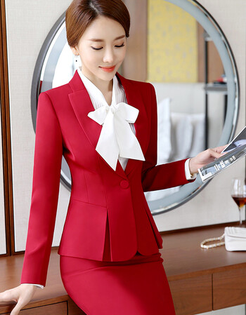 套裙秋季修身西装套装面试工作服女士时尚ol正装小西装女红色西服裙