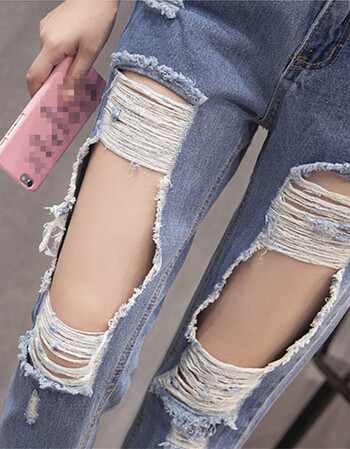 春夏季宽松大破洞牛仔裤女九分裤漏洞高腰乞丐裤哈伦裤bf 深蓝色裤子