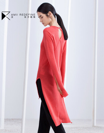 秋新修身横纹镂空开衩前短后长t恤女61681036 茜红 xxl