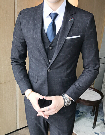 丹杰仕大码套装男士西服三件套修身格子套装 社会精神小伙快手红人