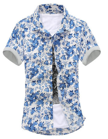 杰仕特价新款夏季男士修身小花碎花短袖衬衫时尚潮流男款大花短款衣服