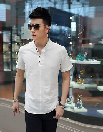 狼 夏季中青年立领男士亚麻短袖男t恤休闲男装宽松加大码棉麻t恤衬衫