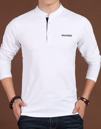 2017秋季小立领长袖宽松t恤nian jeep时尚商务百搭纯色大码体恤衫