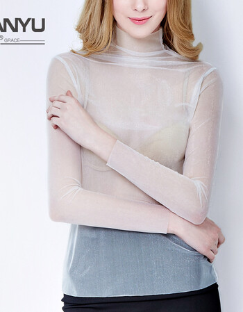 丹语半高领网纱打底衫修身长袖小衫2017春装新款薄款透明上衣女 白色