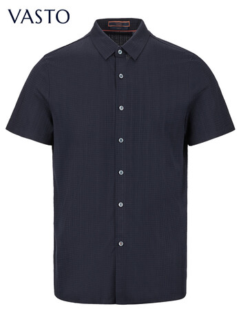 vasto华斯度商务休闲短袖针织衬衫夏季吸湿透气深蓝纯棉衬衣男士 深
