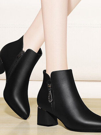 斯凯奇小短靴女款春秋季新款靴子磨砂黑色马丁靴中跟粗跟瘦瘦单靴6395