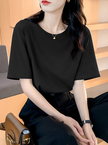 claralee夏季短袖t恤女士宽松体恤休闲正肩半袖2022春装上衣新款黑色