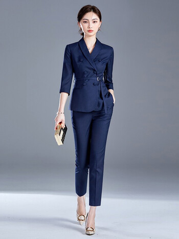 伊诺宣蓝色小西装外套女夏天薄休闲韩版ol气质高端女总裁职业套装工作