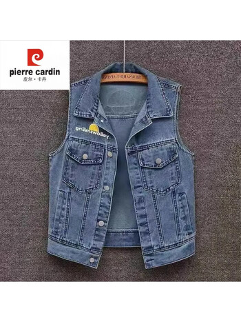 皮尔卡丹品牌牛仔马甲外套女春秋季2024年新款印花宽松百搭无袖坎肩