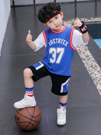 洽函男童夏装34短袖两件套5纯棉6儿童蓝球服7小孩夏天衣服8岁蓝色90cm