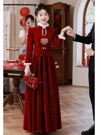 罗蒙romon旗袍敬酒服新娘2023新款红色结婚套装秋冬季订婚礼服裙女加