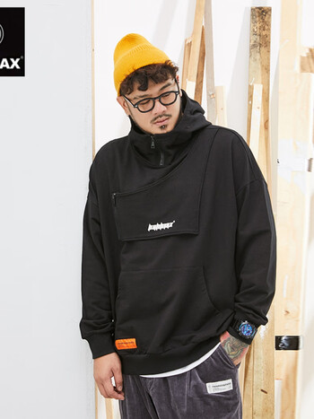 panmax潮胖子男装黑色机能风国潮上衣连帽春秋加肥加大码情侣卫衣内搭