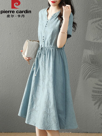 皮尔卡丹(pierre cardin)棉麻连衣裙子女士夏季2024年新款妈ma气质