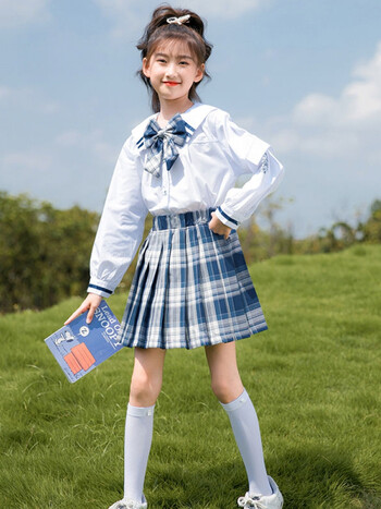 迪士尼同款女童套装春秋装海军学院风长袖儿童jk裙百褶格子短裙子春