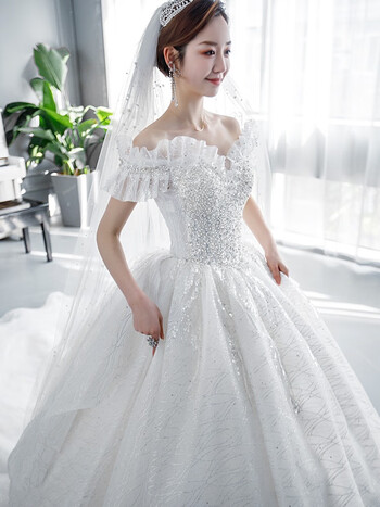 红妆饰佳一字肩婚纱2022新款新娘公主奢华大拖尾主婚纱礼服齐地出门纱