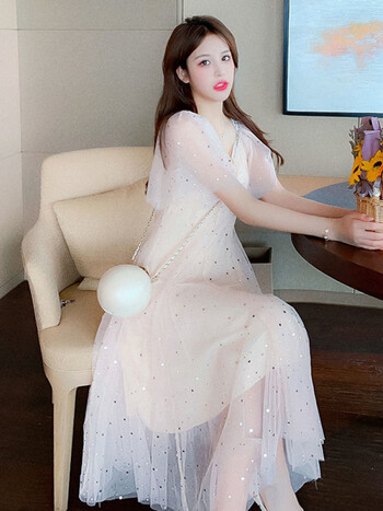 超仙亮片网纱连衣裙女夏季新款v领短袖仙女裙a字裙学生中长款 白 l