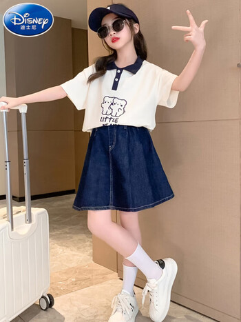 夏装儿童t恤牛仔短裙两件套 米白色 140建议身高130-140年龄10-11岁