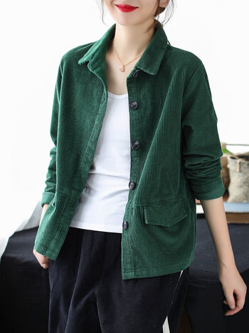 长袖短外套女不起球2023春季新款宽松复古纯色休闲条绒上衣绿色l