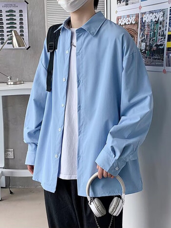 潮流ins韩版宽松垂感纯色衬衣青少年痞帅男装衣服百搭休闲外套 浅蓝色