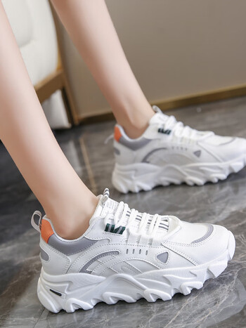 老爹鞋女潮百搭显脚小春秋新款皮面防水运动鞋学生轻便跑步鞋白桔不加
