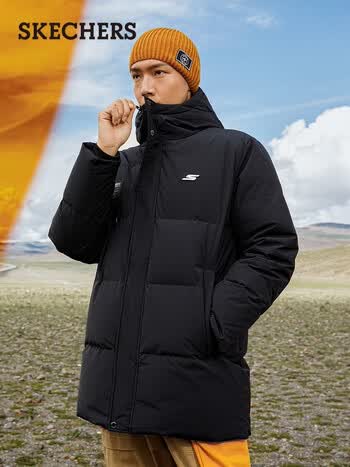 skechers斯凯奇中长款羽绒服时尚休闲保暖外套男p421m041碳黑0018xxl