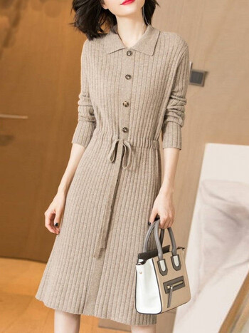 秋冬针织连衣裙女中长款长袖韩版系带收腰显瘦套头宽松直筒裙卡其色xl