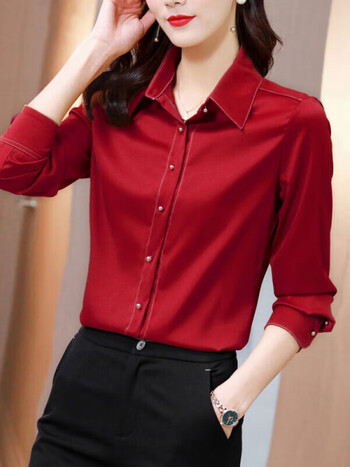重磅丝绸抗皱衬衫女士洋气长袖职业打底衫春装潮牌丝质感上衣红色m