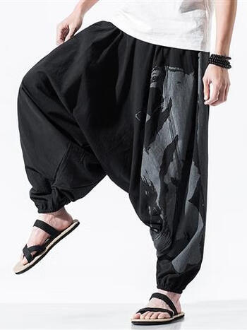 胖子男士夏天大码不卡档吊裆裤低档裤嘻哈吊裆裤男棉麻特肥低裆裤宽松