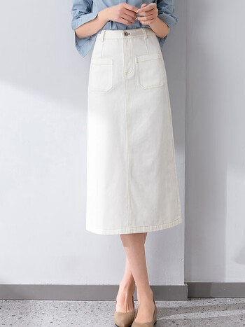 夏季牛仔半身裙女中长款2022新款气质a字高腰开叉包臀长裙子米白色l