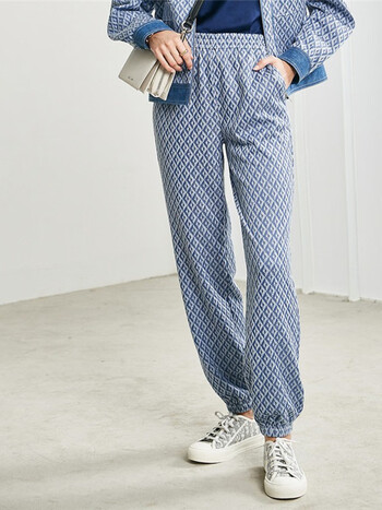 颜域休闲格子束脚裤女秋装新款女士时尚减龄宽松裤子九分裤蓝色xl码