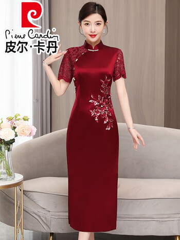 皮尔卡丹(pierre cardin)喜婆婆婚宴装醋酸旗袍连衣裙女夏年轻妈妈
