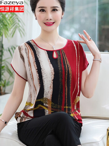 彩羊fazeya加肥加大妈妈夏装真丝上衣套装中老年桑蚕丝大码女装短袖
