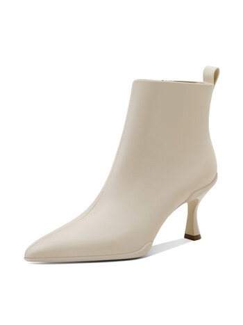 js杰西卡索菲亚气质洋气小短靴女高跟软羊皮时尚尖头单靴女款灰色 米