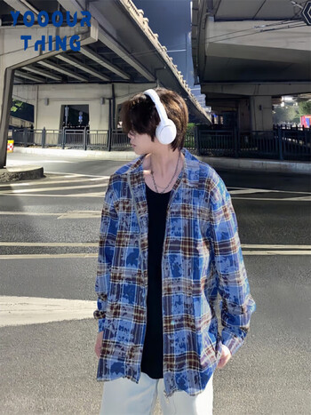 yooourthing蓝色格子长袖衬衫男春夏季美式复古拼接潮牌情侣翻领衬衣