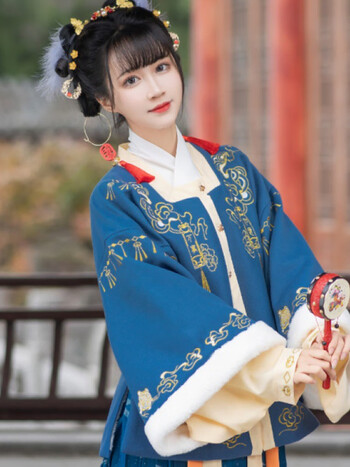 制拜年汉服女秋冬刺绣加绒中国风马面裙日常 【千岁】蓝色半臂加绒