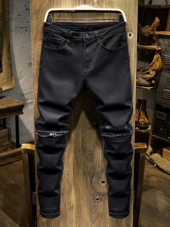 suohuang索皇 高端黑色破洞男裤潮牌牛仔裤男款欧美缝布补丁修身小脚