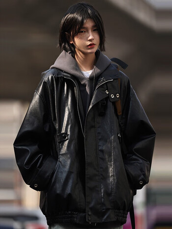 男春秋潮流新款机车美式街头立领外套情侣pu皮上衣服lpfsa67黑色xl