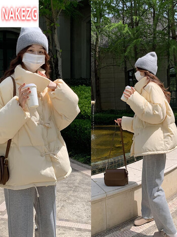 nakezg牛角扣羽绒服女短款小个子韩版通勤宽松90白鸭绒冬季加厚米白l