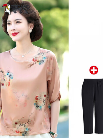 啄木鸟妈妈夏装新款真丝t恤上衣40岁50中老年女装洋气套装桑蚕丝小衫