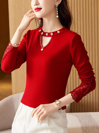 棉t恤女士长袖气质小衫秋季新款内搭显瘦针织衫打底上衣冬酒红色m