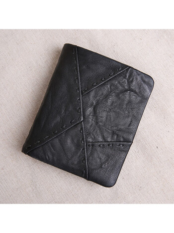 手工钱包男短款真的皮潮款牛皮钱夹青年软皮竖款皮夹子拼接礼物黑色