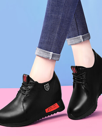 意尔康内增高女鞋新款冬季加绒厚底运动鞋女软皮黑色百搭休闲旅游鞋