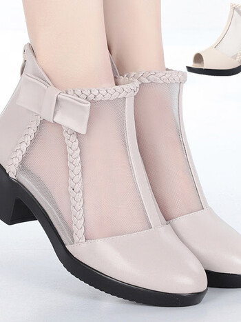 binnalee春夏新款百搭女式软皮单靴网纱靴子女短靴鞋透气网鞋 灰色鱼