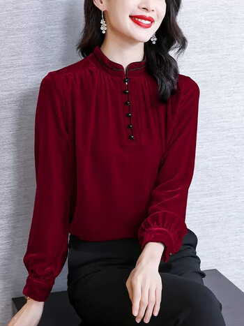 特价红色真丝丝绒上衣女桑蚕丝衬衫秋冬2022新款时尚品牌金丝酒红xl